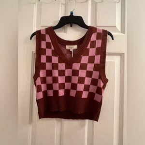 Size large purple brown checkered plaid preppy crop sleeveless sweater vest
